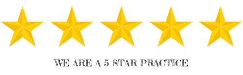 Five gold stars with "We are a 5 star practice" text below.