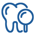 Preventative dental icon showing a tooth with a magnifying glass for examinations.